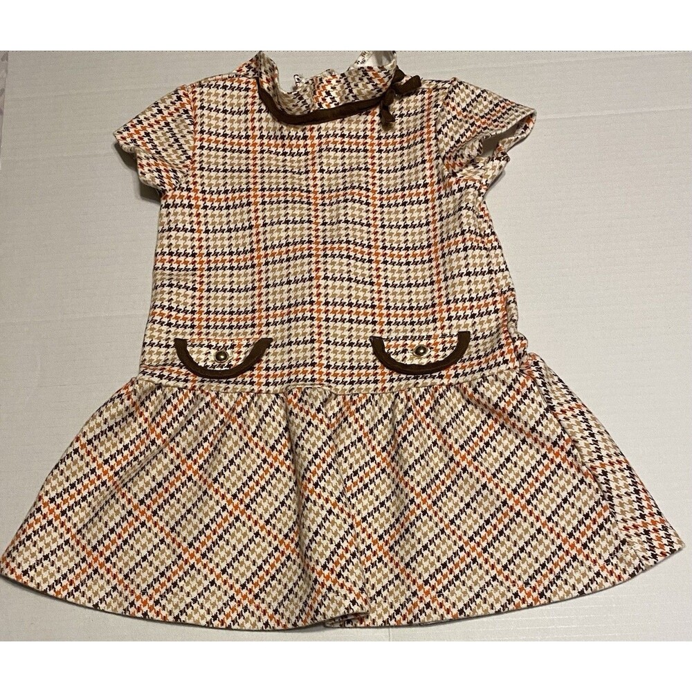Janie And Jack Houndstooth Plaid Ponte Dress Sz 18-24 Months Rust Soft Stretch